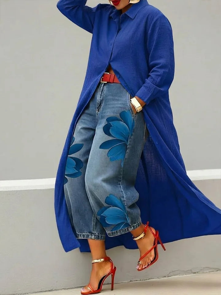 Maud | Conjunto Camisa Larga y Jeans con Flores