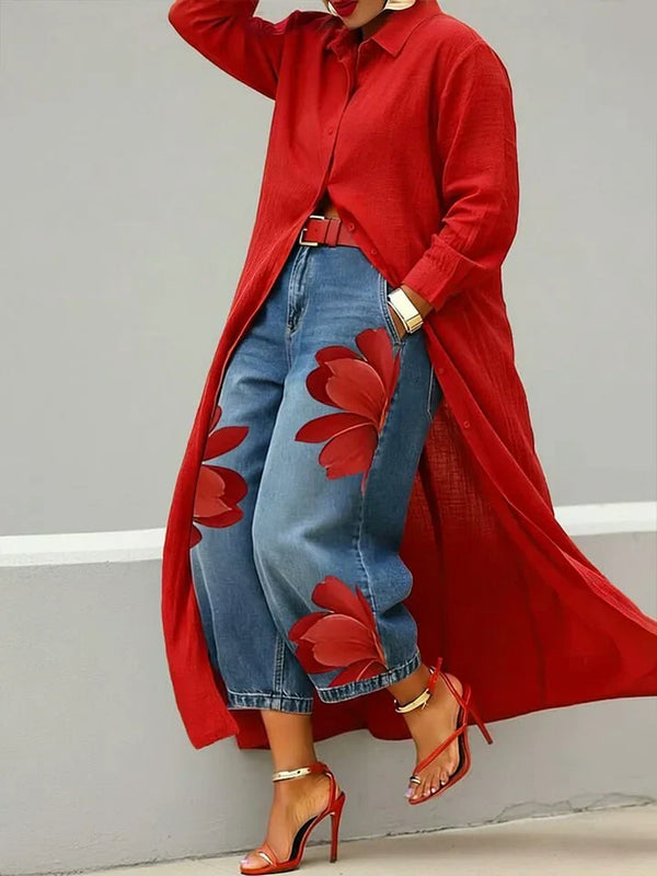 Maud | Conjunto Camisa Larga y Jeans con Flores