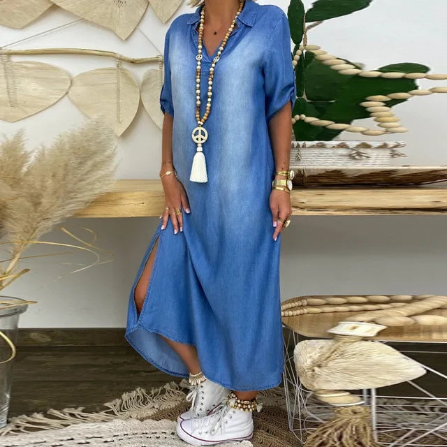 Lea | Vestido Largo Estilo Denim con Abertura Lateral