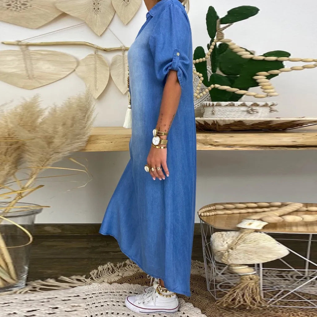Lea | Vestido Largo Estilo Denim con Abertura Lateral