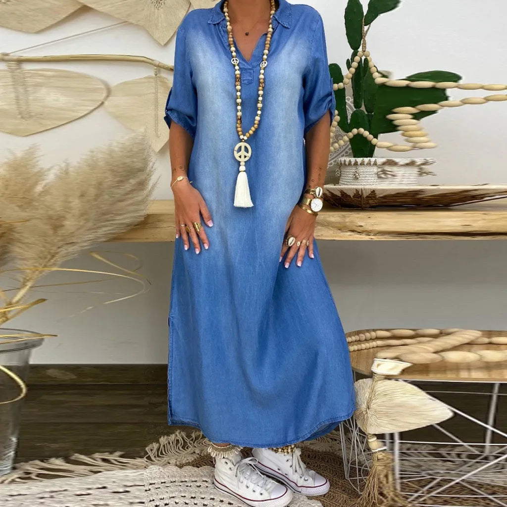 Lea | Vestido Largo Estilo Denim con Abertura Lateral