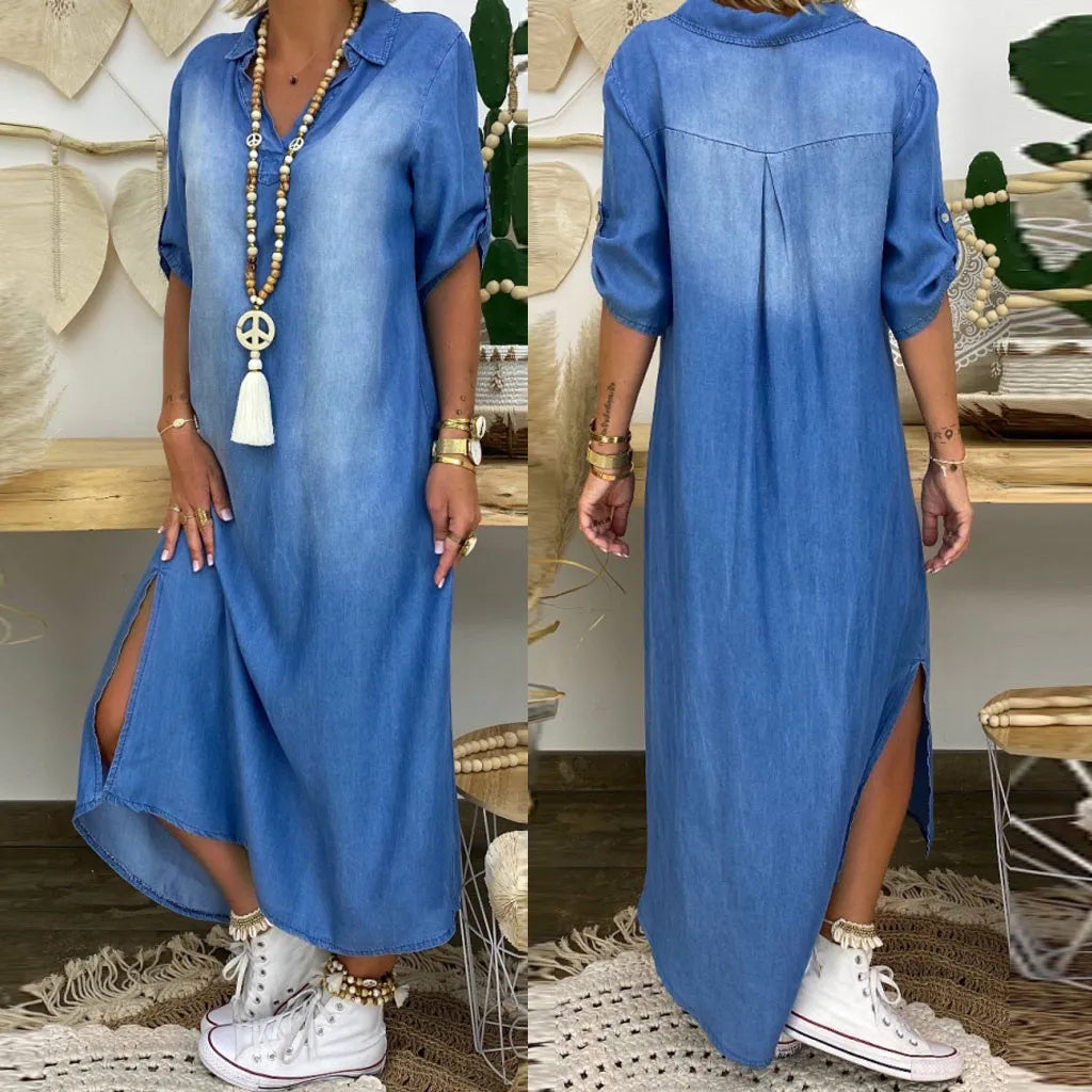 Lea | Vestido Largo Estilo Denim con Abertura Lateral