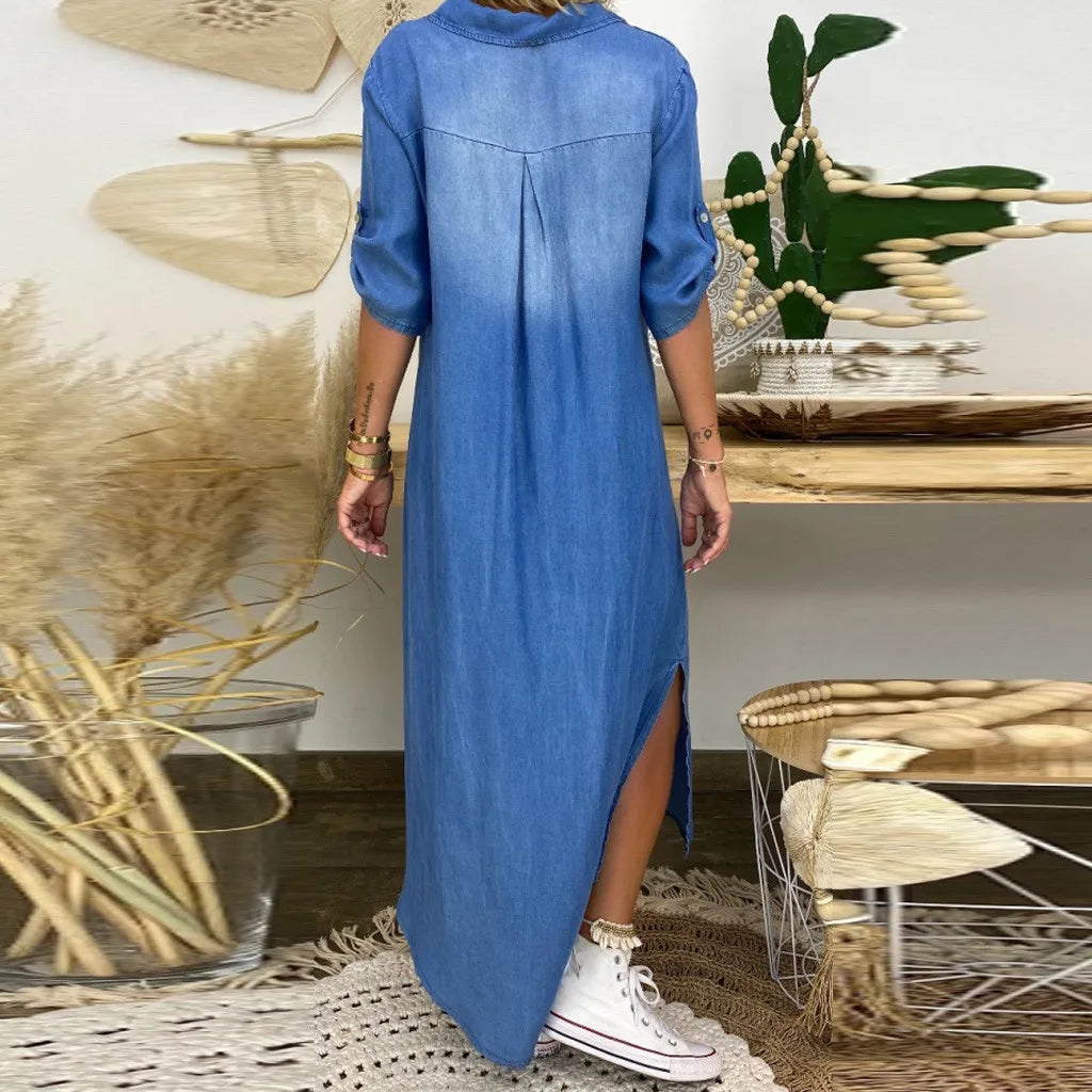 Lea | Vestido Largo Estilo Denim con Abertura Lateral