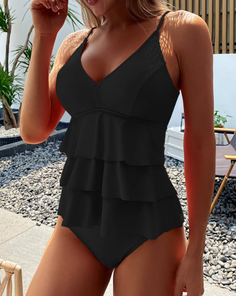 Lia – Traje de Baño Sólido con Volantes Elegantes
