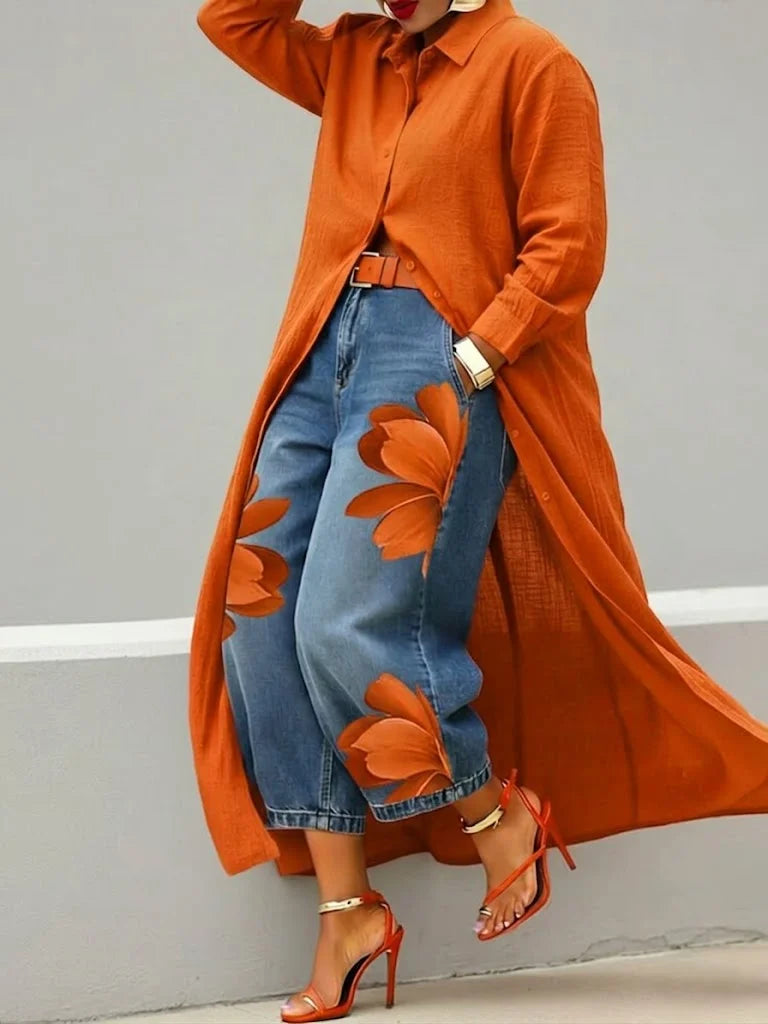 Maud | Conjunto Camisa Larga y Jeans con Flores