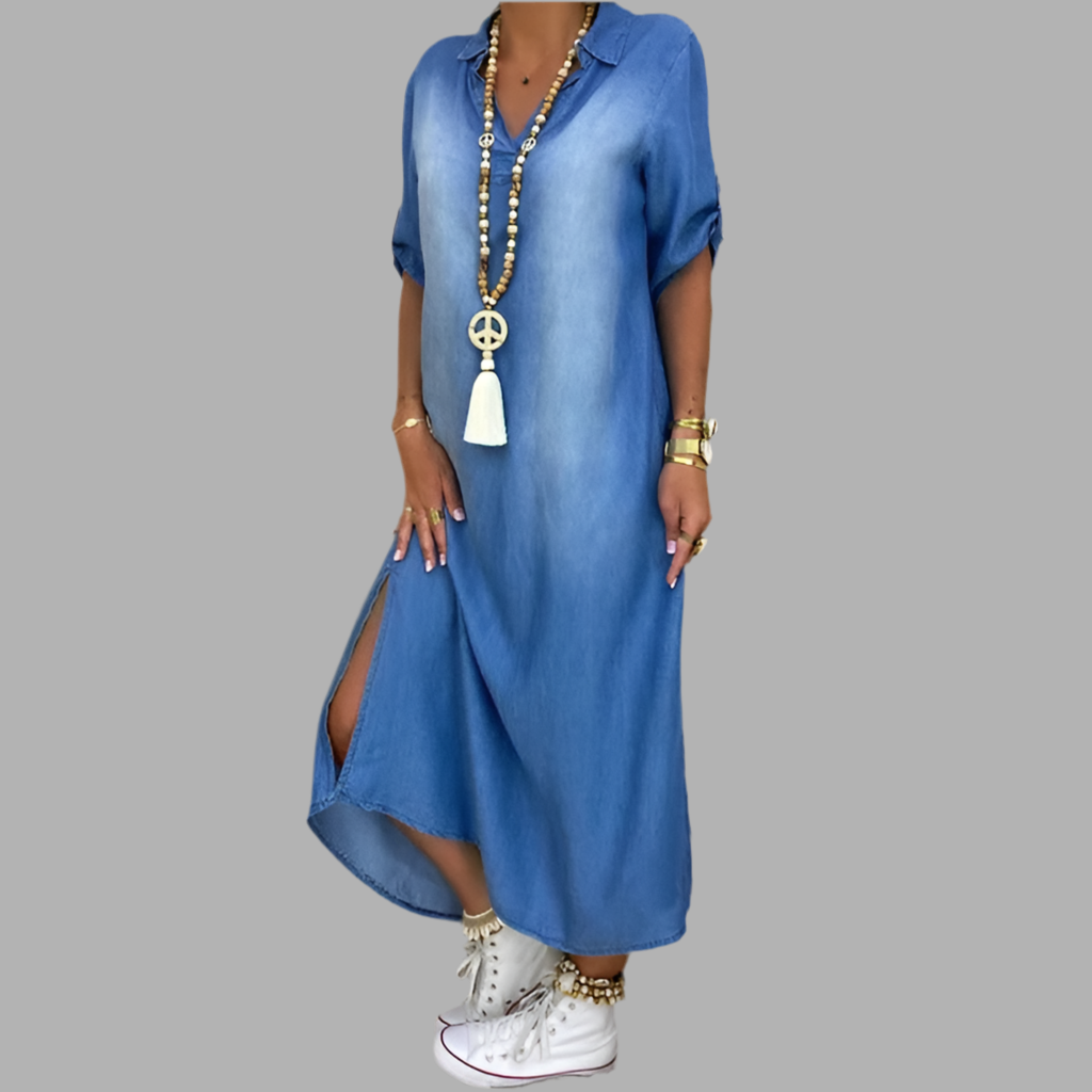 Lea | Vestido Largo Estilo Denim con Abertura Lateral