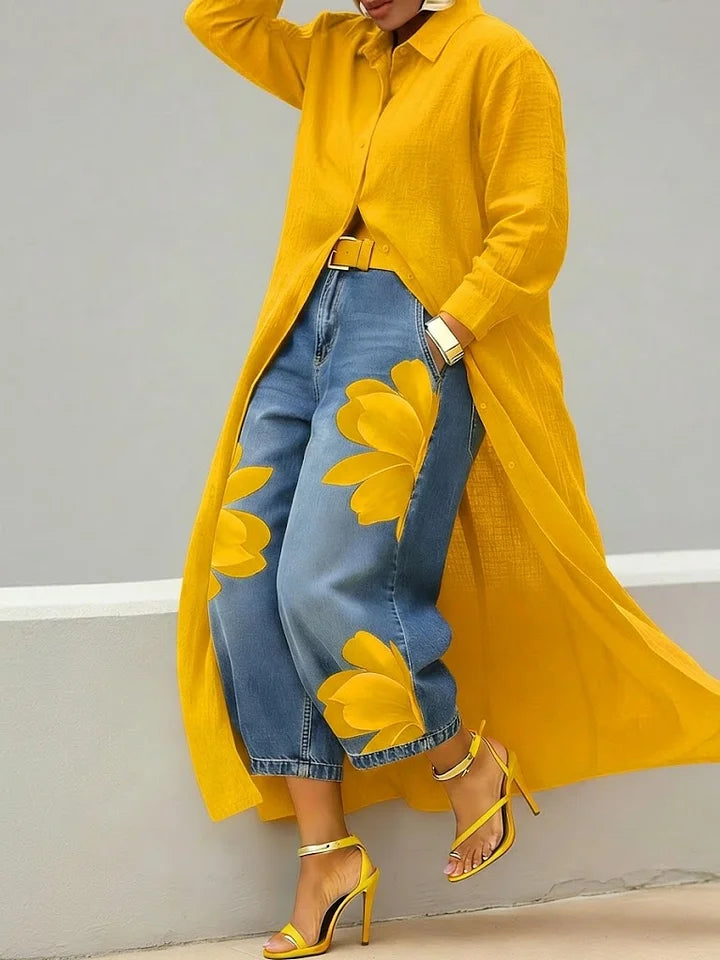 Maud | Conjunto Camisa Larga y Jeans con Flores