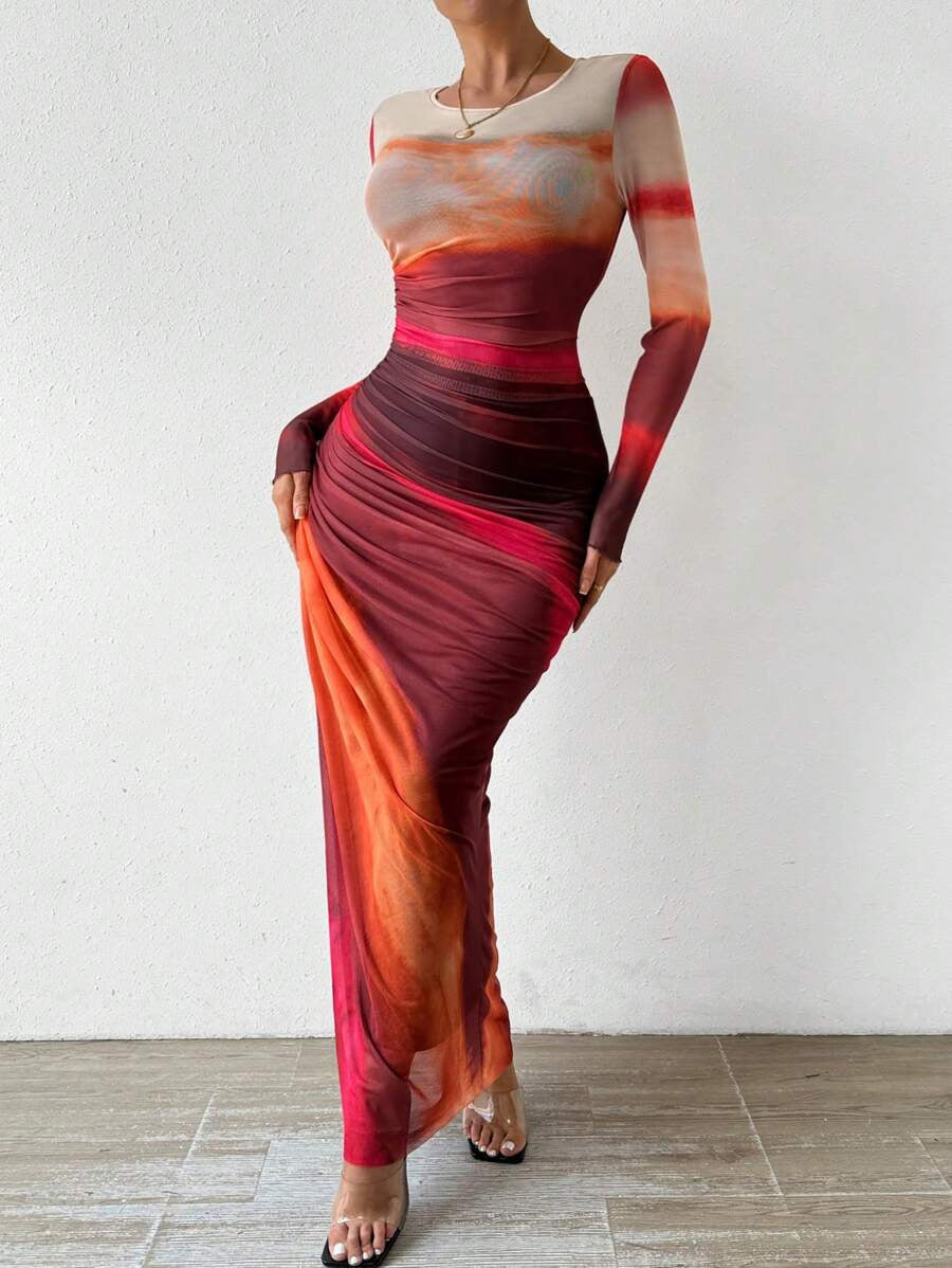 Natalia | Vestido Maxi Bodycon de Manga Larga Impreso y Cómodo