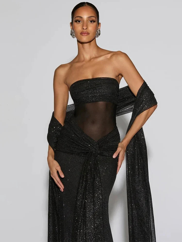 Nordave™ Celeste Sparkle Draped Maxi Dress