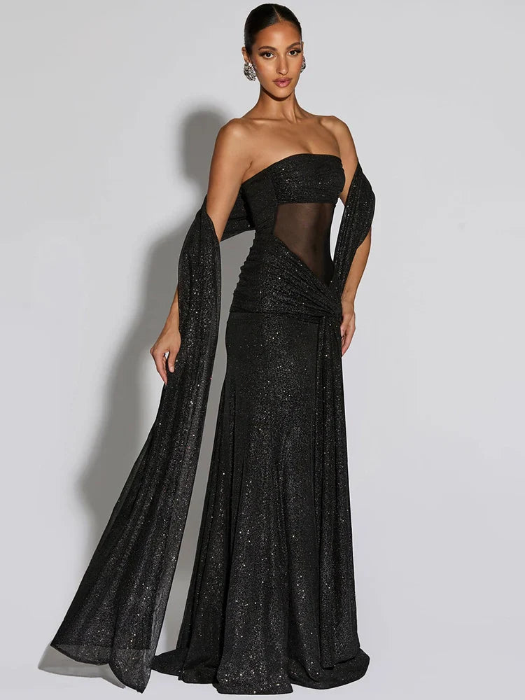 Vestido maxi Celeste con brillo y drapeado
