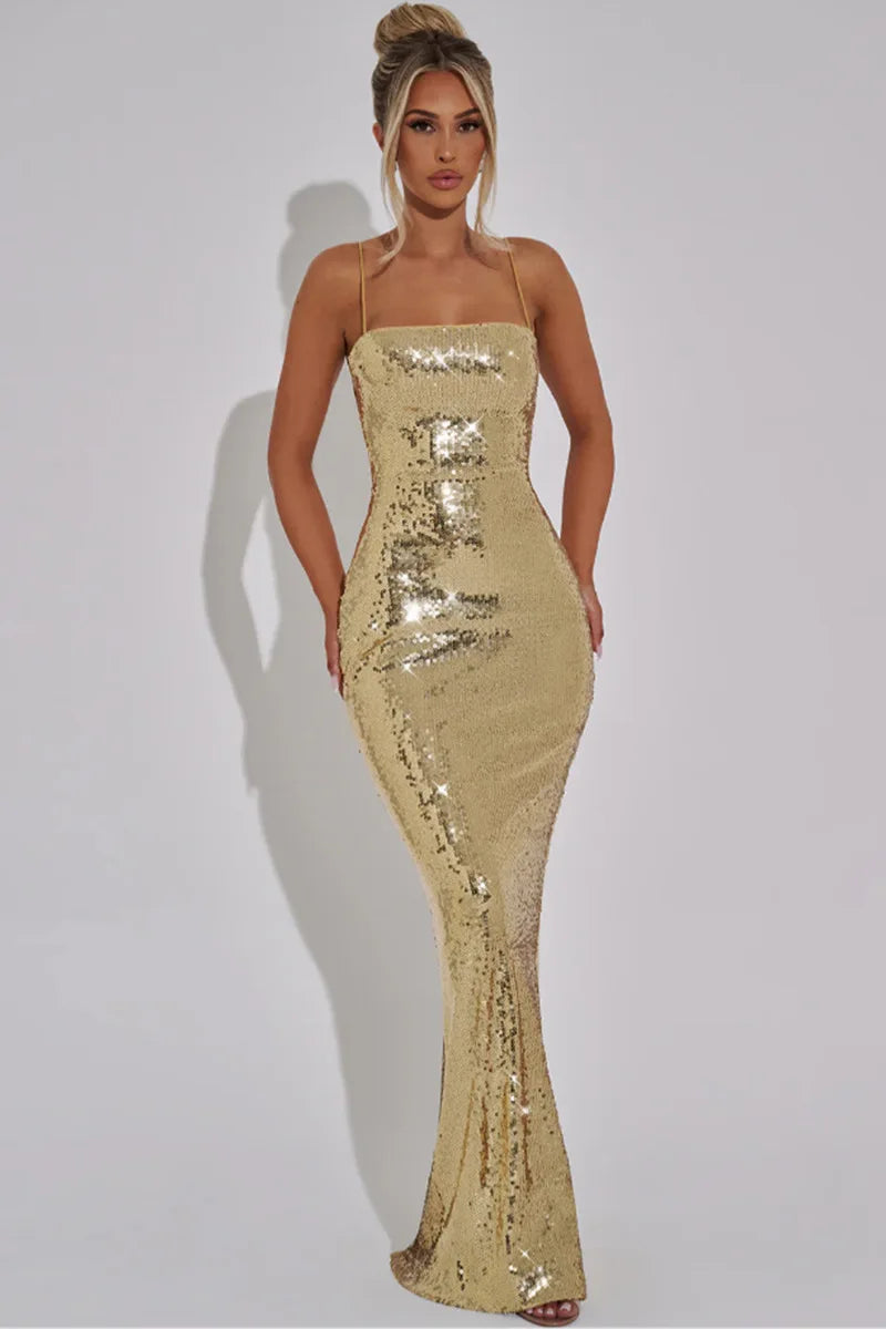 Vestido maxi Aurora con lentejuelas y espalda descubierta