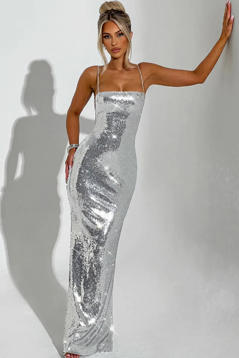 Vestido maxi Aurora con lentejuelas y espalda descubierta