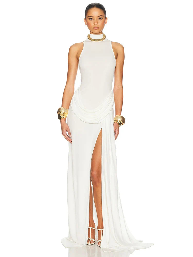 Vestido maxi plisado Althea off-shoulder