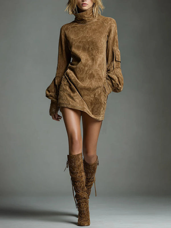 Livia ❘ Vestido mini oversize de ante con cuello alto