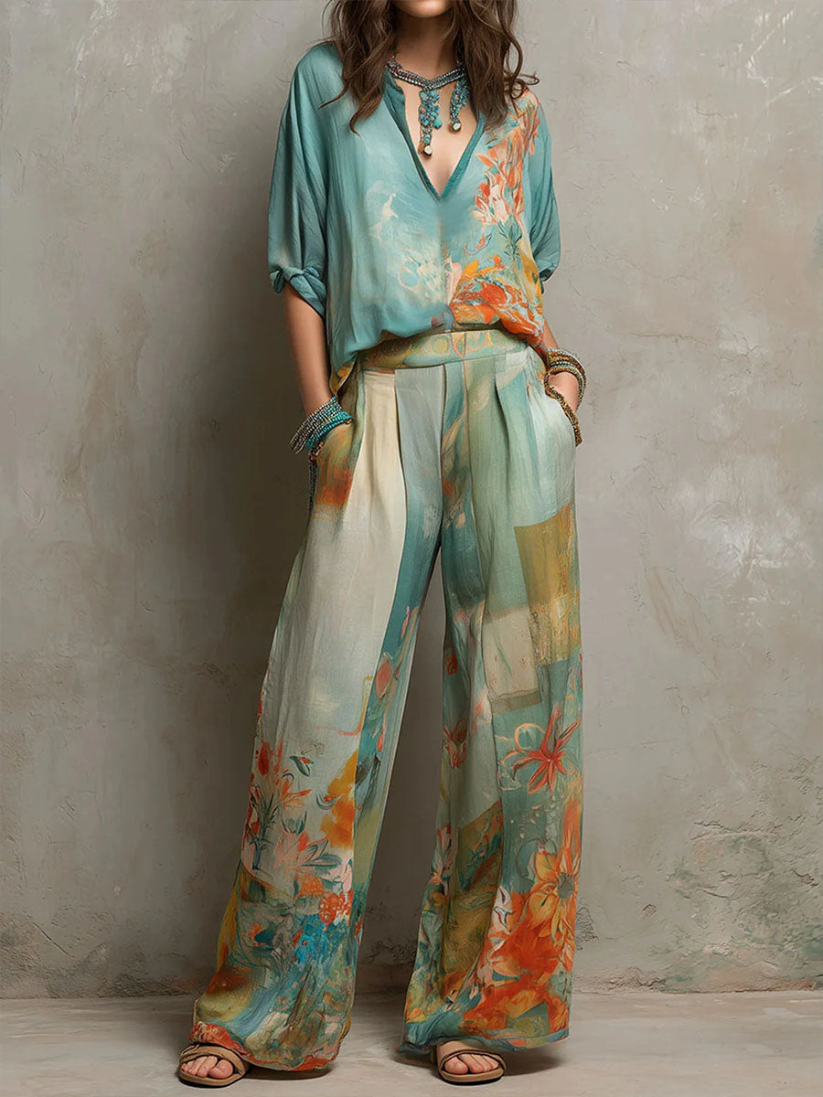 Chiara | Conjunto Elegante Estampado Floral con Pantalón Amplio
